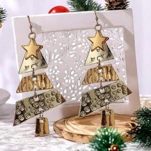 2/$20 Hammered Gold, Silver, Copper Tone Metal Christmas Tree Dangle Earrings